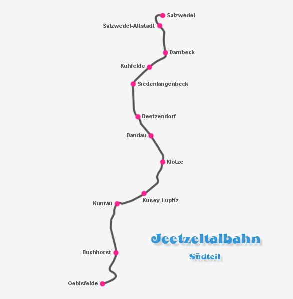 Streckenkarte der Bahnstrecke Salzwedel-Oebisfelde (Jeetzeltalbahn)